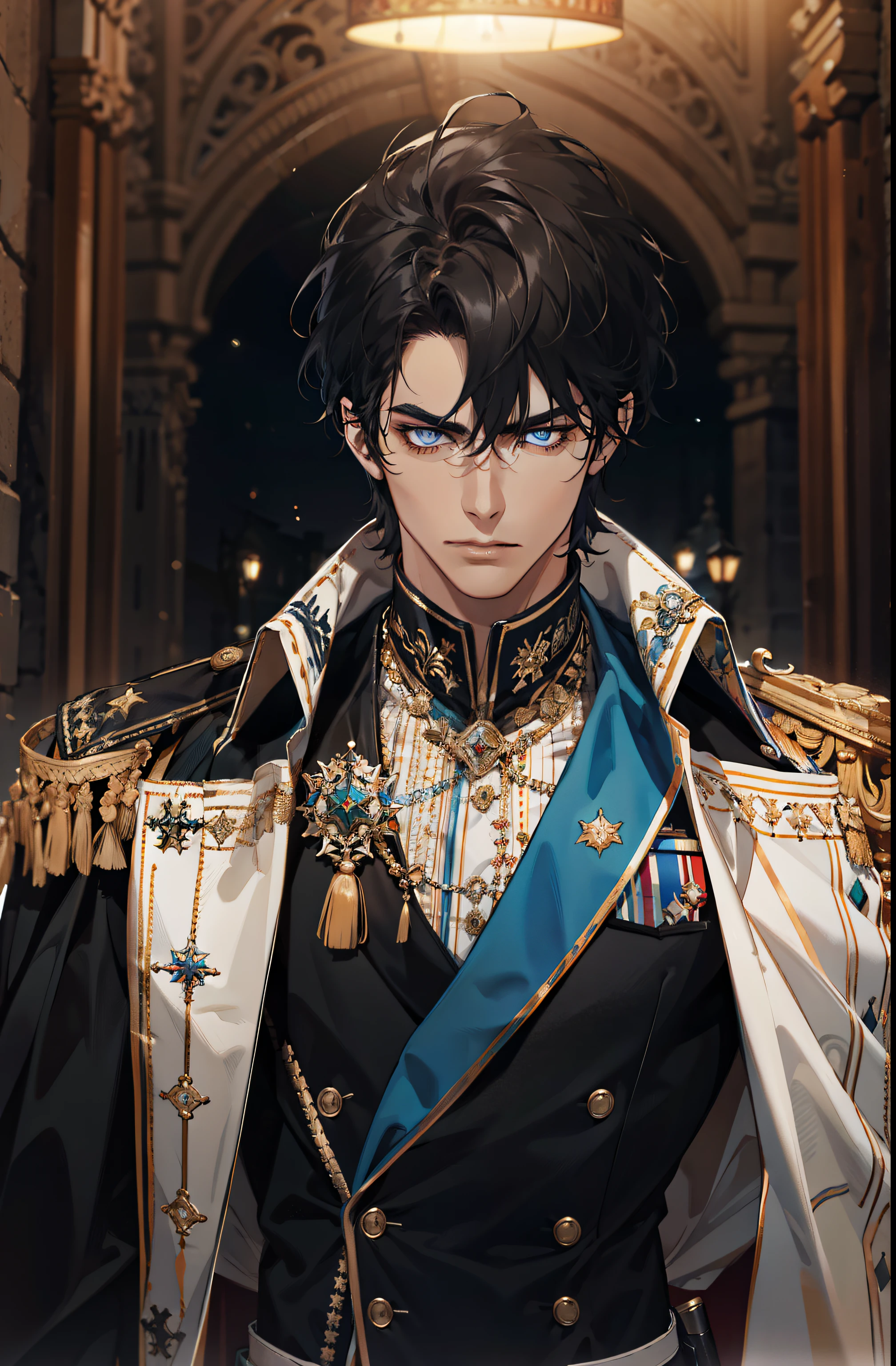 (Absurdities, High accuracy, Very detailed), 1 male, adult, Handsome, Tall, muscular man, Broad shoulders, Finely detailed eyes and detailed face, imaginary, a night, Dark topic, cinematic a lighting, painting, a light, Facing the front, Staring at something, Blue eyes, Shoulder-length, shaggy black hair, Royal military clothing and black gloves, Serious face, Tan skin, king, ancient kingdom background