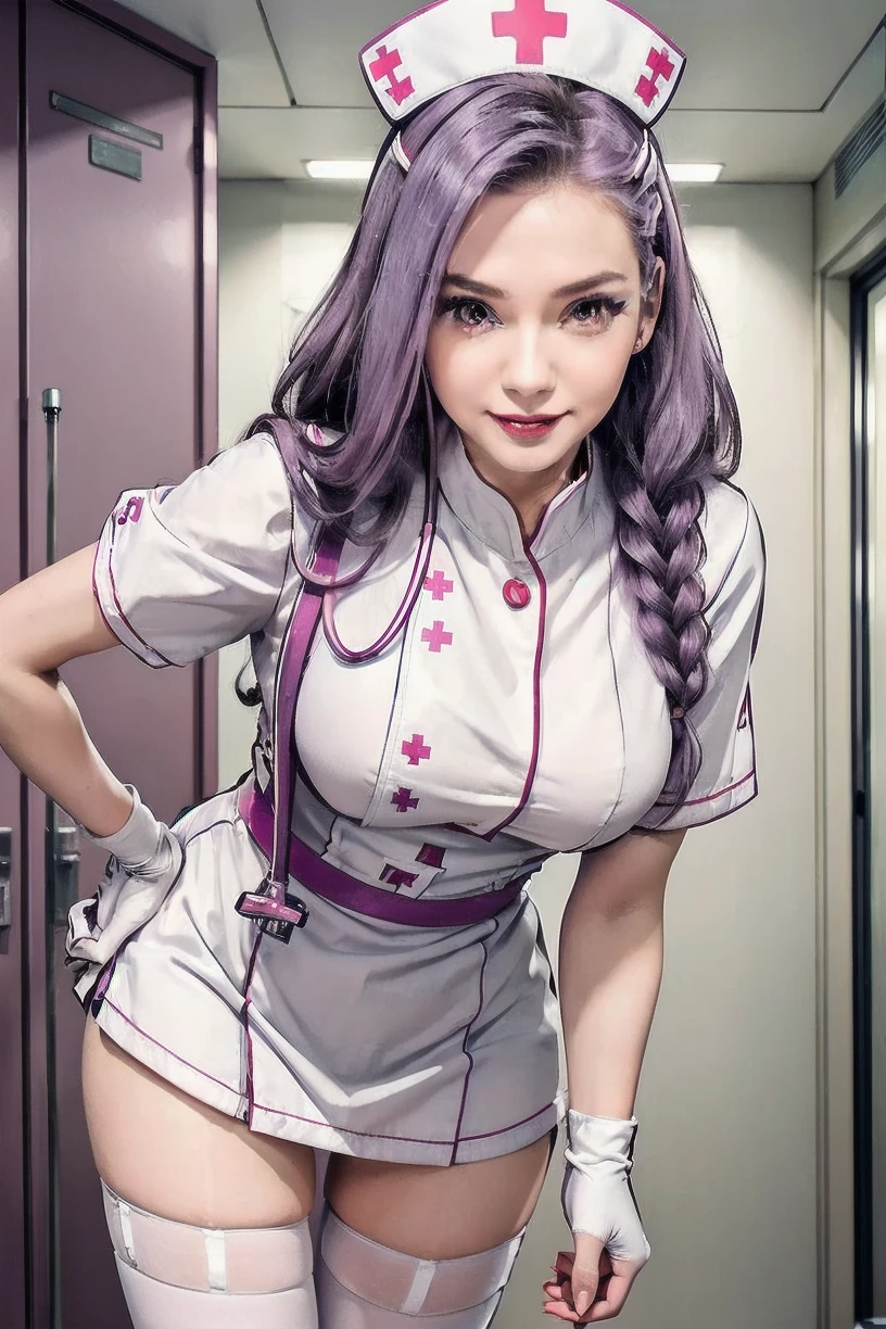 1womanl, Nurse, Nurse Cap, Whiteware, ((White legwear, zettai ryouiki)), White Gloves, Long hair, Purple hair, Red eyes, pink lipsticks, Smile, Standing, ((Hospital room)), sharp outline, Short sleeves, a matural female, 35 year old, Best Quality, masutepiece