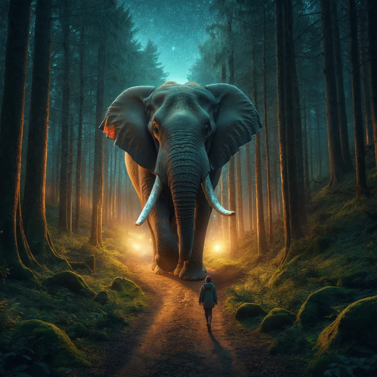 arafed elephant walking down a path in a forest with a person walking by, photo manipulation, by Adam Marczyński, creative photo manipulation, realistic fantasy photography, surreal photography, digital art animal photo, realism | beeple, by Matija Jama, photo - manipulation, surreal photo, cinematic night scene.