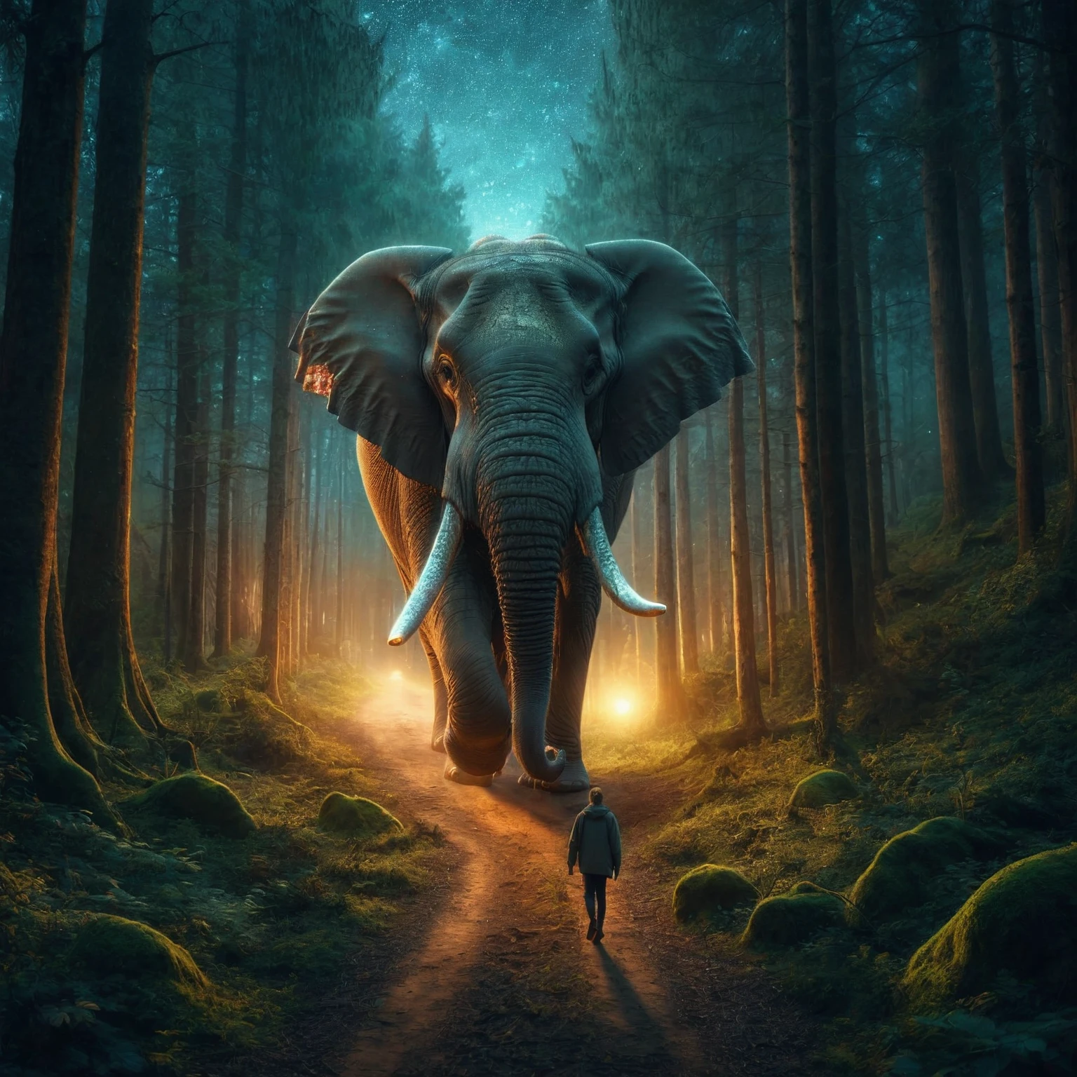 arafed elephant walking down a path in a forest with a person walking by, photo manipulation, by Adam Marczyński, creative photo manipulation, realistic fantasy photography, surreal photography, digital art animal photo, realism | beeple, by Matija Jama, photo - manipulation, surreal photo, cinematic night scene.