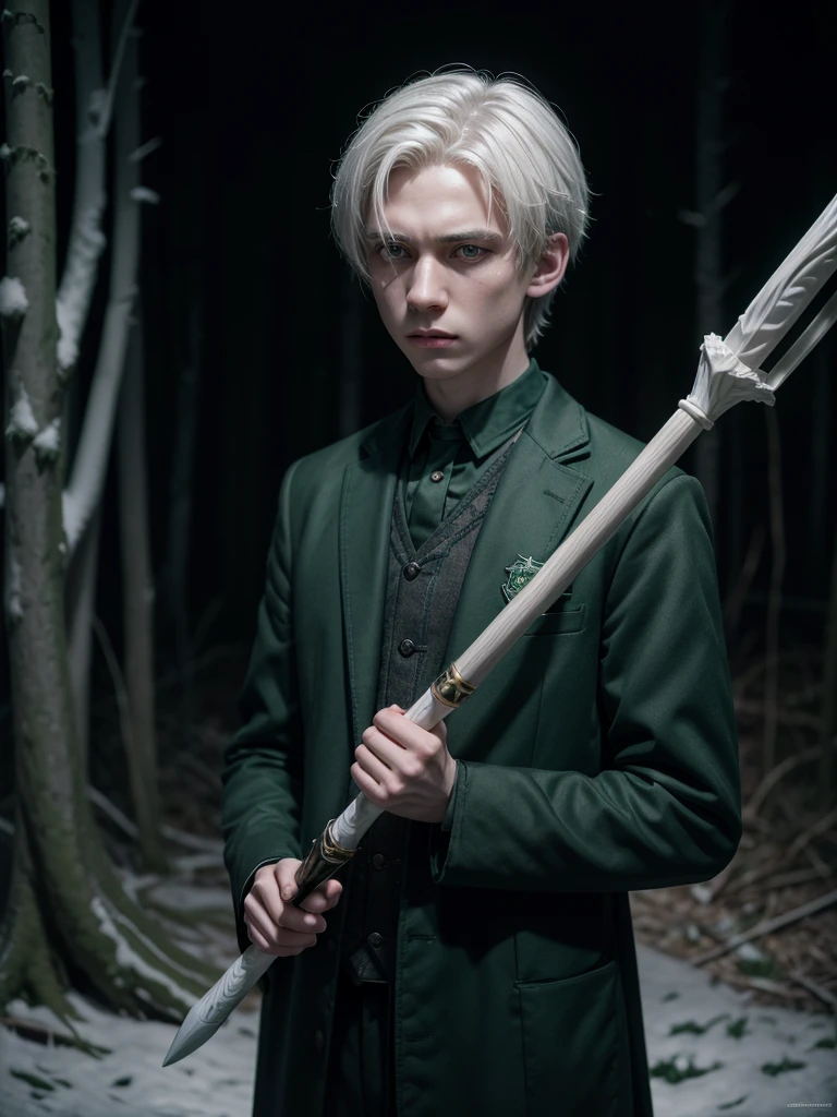 boy, Slytherin uniform, magic wand 24cm in hand, White hair, determinate expression, Forbidden Forest, somber atmosphere, 4K, conceptual artwork, sharp focus, dramatic lighting, Studio quality.
