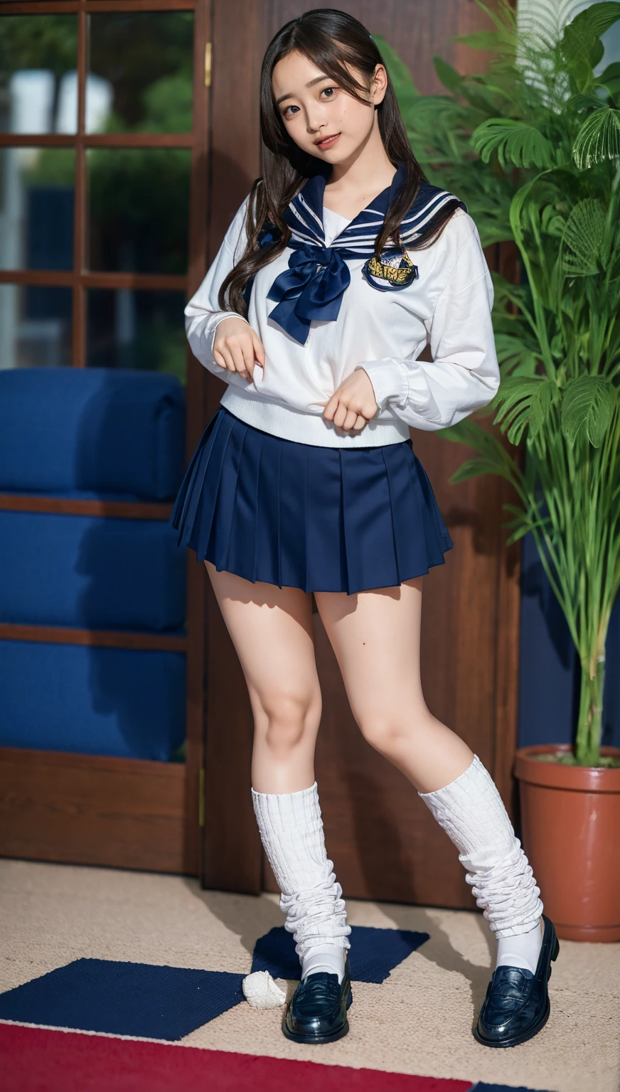 ((highest quality、8k、masterpiece:1.3)),((((fullbody shot)))),Ultra-high resolution,big eyes,Japanese,forehead,bangs,(a girl),(1 girl),((16 years old)),((cute)),pretty,((facing at viewer)),(long hair),(((black sailor uniform))),grin,((standing)),(loafers)