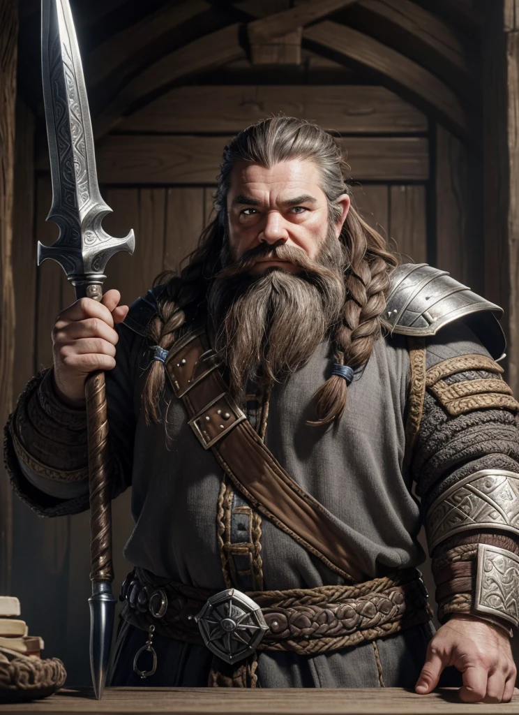 Dwarf in full grey armor, medieval fantasy dwarf, stark, plumpness, with light brown hair and a long braided beard, wearing full dwarven heavy armor, full plate armor, a mad look, fully body, standing alone, fancy, Dwarf Medieval RPG, Closeup portrait of a dwarf with a braided beard, Dwarf braided beard, 4 k image, 超A high resolution, inside royal dwarf hold, High details, best qualityer, 16K, [ultra detaild], master part, best qualityer, (extremely detaild), fully body, photorrealistic, arte de fancy, Arte de RPG, d&d art, an image of a dwarf in his hold (intense details, best qualityer), dwarf male fantasy (intense details, master part, best qualityer),(intense details, master part, best qualityer), brown hair, dynamic blue eye color, Ultra Detailed Face (intense details, master part, best qualityer), long beard, brown beard, holding a maul in his hand, maul has MGICAL runes