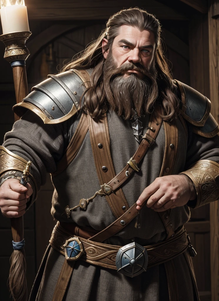 Dwarf in full grey armor, medieval fantasy dwarf, stark, plumpness, with light brown hair and a long braided beard, wearing full dwarven heavy armor, full plate armor, a mad look, fully body, standing alone, fancy, Dwarf Medieval RPG, Closeup portrait of a dwarf with a braided beard, Dwarf braided beard, 4 k image, 超A high resolution, inside royal dwarf hold, High details, best qualityer, 16K, [ultra detaild], master part, best qualityer, (extremely detaild), fully body, photorrealistic, arte de fancy, Arte de RPG, d&d art, an image of a dwarf in his hold (intense details, best qualityer), dwarf male fantasy (intense details, master part, best qualityer),(intense details, master part, best qualityer), brown hair, dynamic blue eye color, Ultra Detailed Face (intense details, master part, best qualityer), long beard, brown beard, holding a maul in his hand, maul has MGICAL runes