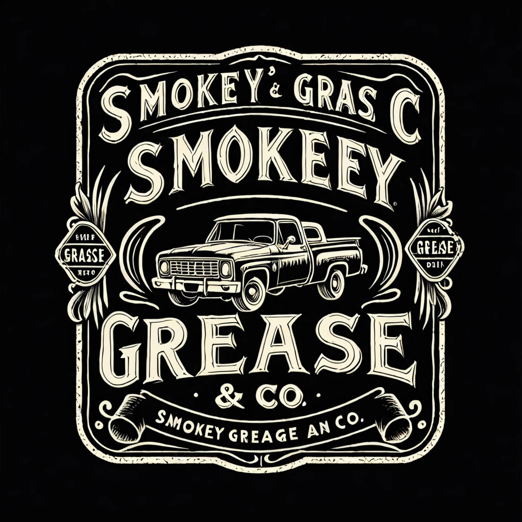 make a rectangle logo. a vintage hand drawn type of logo. set against a solid black background, depicting the name "Smokey Grease & Co."