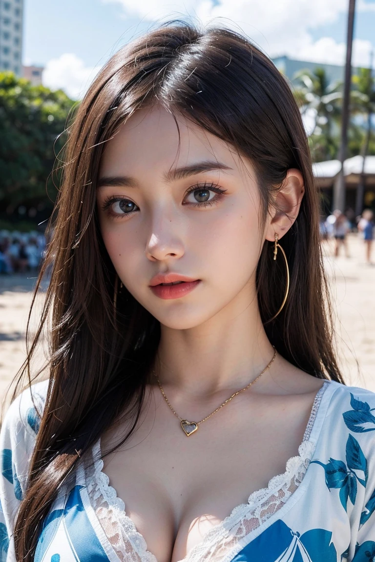 Top-quality Realistic, Official art, Highly detailed CG Unity 8k wallpaper,(masterpiece:1.3), (8k, photorealistic, RAW photo, best quality: 1.4), (1 girl), pretty face, (realistic face), (black hair, medium hair:1.3), beautiful hairstyle, realistic eyes, detailed fine eyes, (realistic skin), beautiful skin, (breasted top), absurd, attractive, super detailed resolution, surreal golden ratio, very detailed, upper body, Japanese Idol,(Aloha shirt with white lace bra:1.3),BREAK,(Heart shaped necklace),(Triangle ornament earrings),BREAK, (gentle smile like a goddess),(Standing on the white sand of Waikiki Beach with Diamond Head in the background:1.2),standing position, Wide View, (close-up)