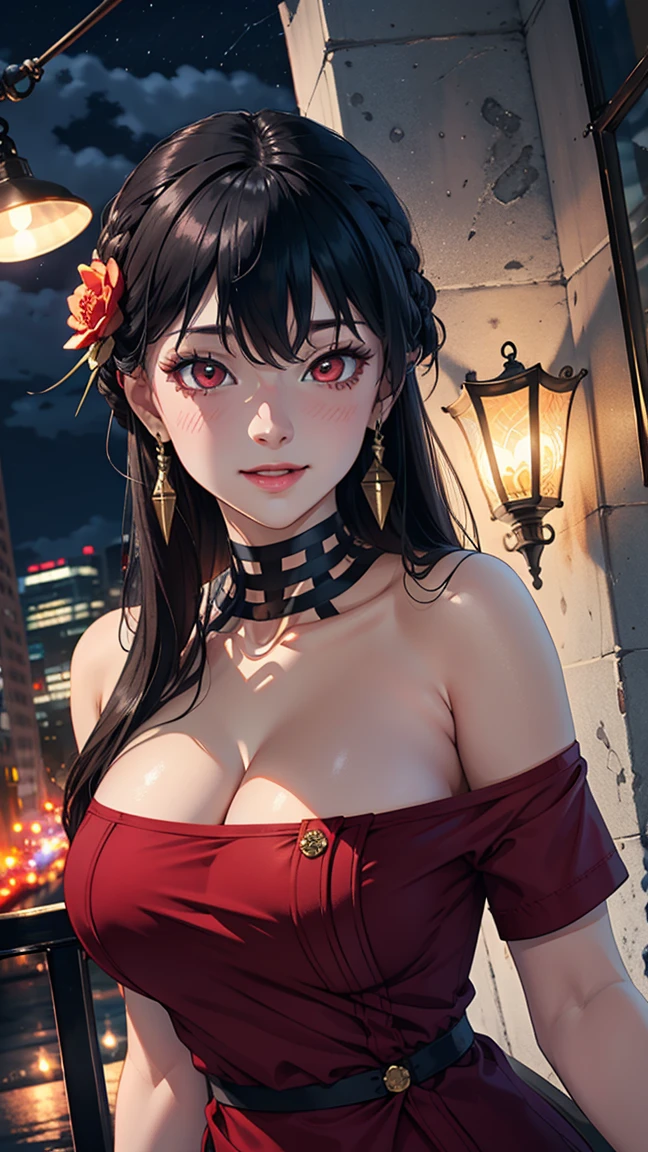 masterpiece, Ultra Detailed, high quality, 8K CG, blush, Bright Eyes, permanent, outdoor, Smile, (night:1.5), slim, Willow Waist, Large Breasts,Your wild rose, Long hair, Black Hair, Red Eyes, Off-shoulder, Red sweater dress, Pantyhose, earrings