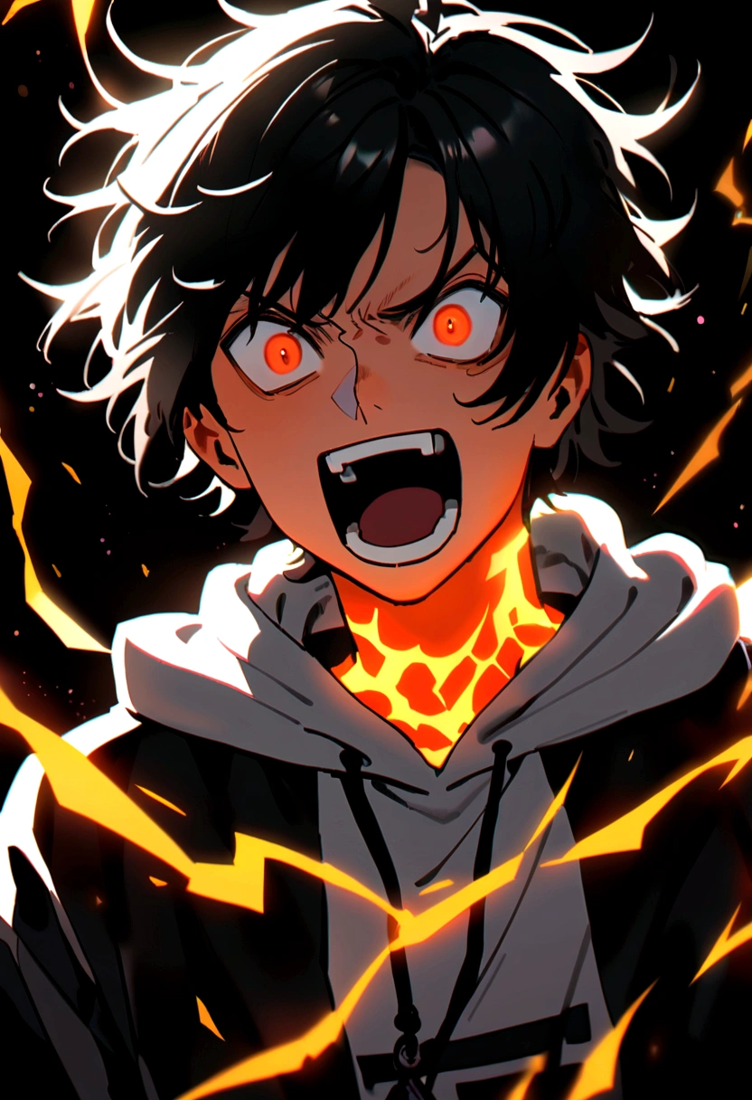 Man 17 years old Long black hair black and white sweatshirt with red and orange electricity on his body with a crazy face