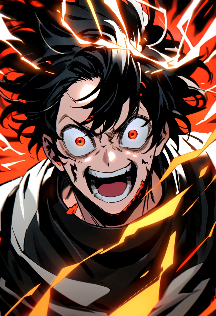 Man 17 years old Long black hair black and white sweatshirt with red and orange electricity on his body with a crazy face