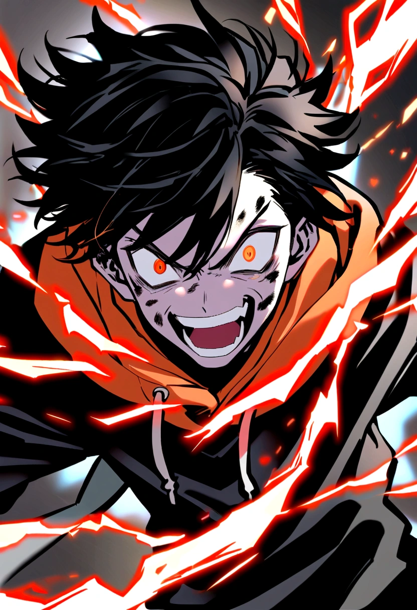 Man 17 years old Long black hair black and white sweatshirt with red and orange electricity on his body with a crazy face