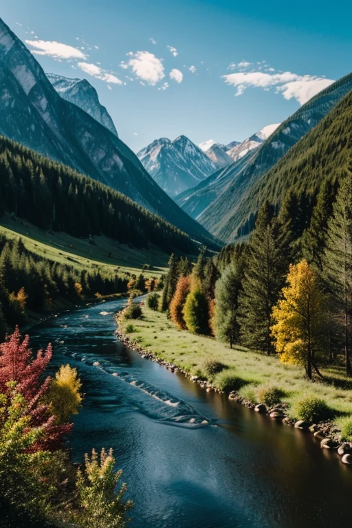 a beautiful landscape with mountains and a river with a forest in the distance, high quality, ultra realistic