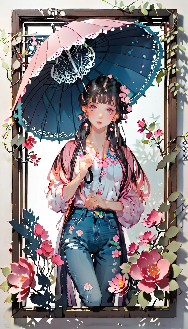 (((paper cutting style))), (frame of illustration is 3D paper cutting: 1.2), (denim and shirts), (pink long hair), (random angle), (random pose), 1 girl, umbrella, flower