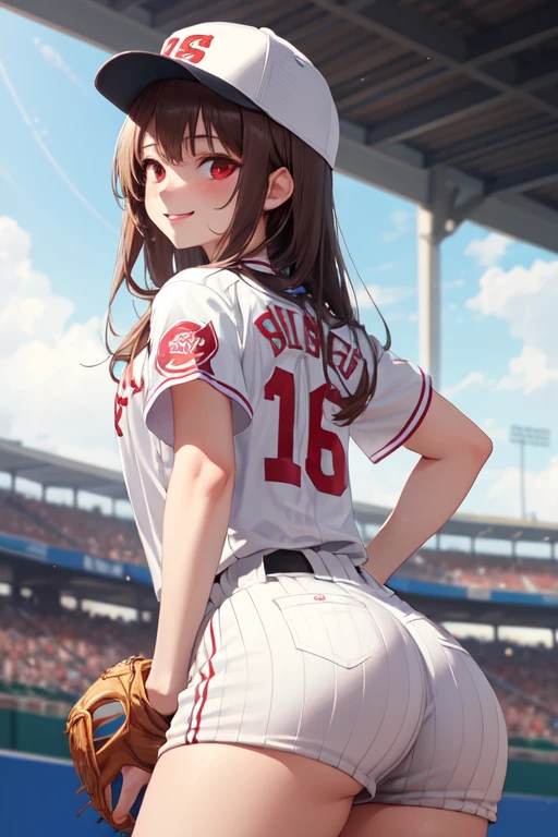 1girl,masterpiece, best quality,incredibly absurdres,long hair,white baseball cap, baseball uniform, from behind,looking at viewer,smile,red eyes,brown hair, have sex with boy