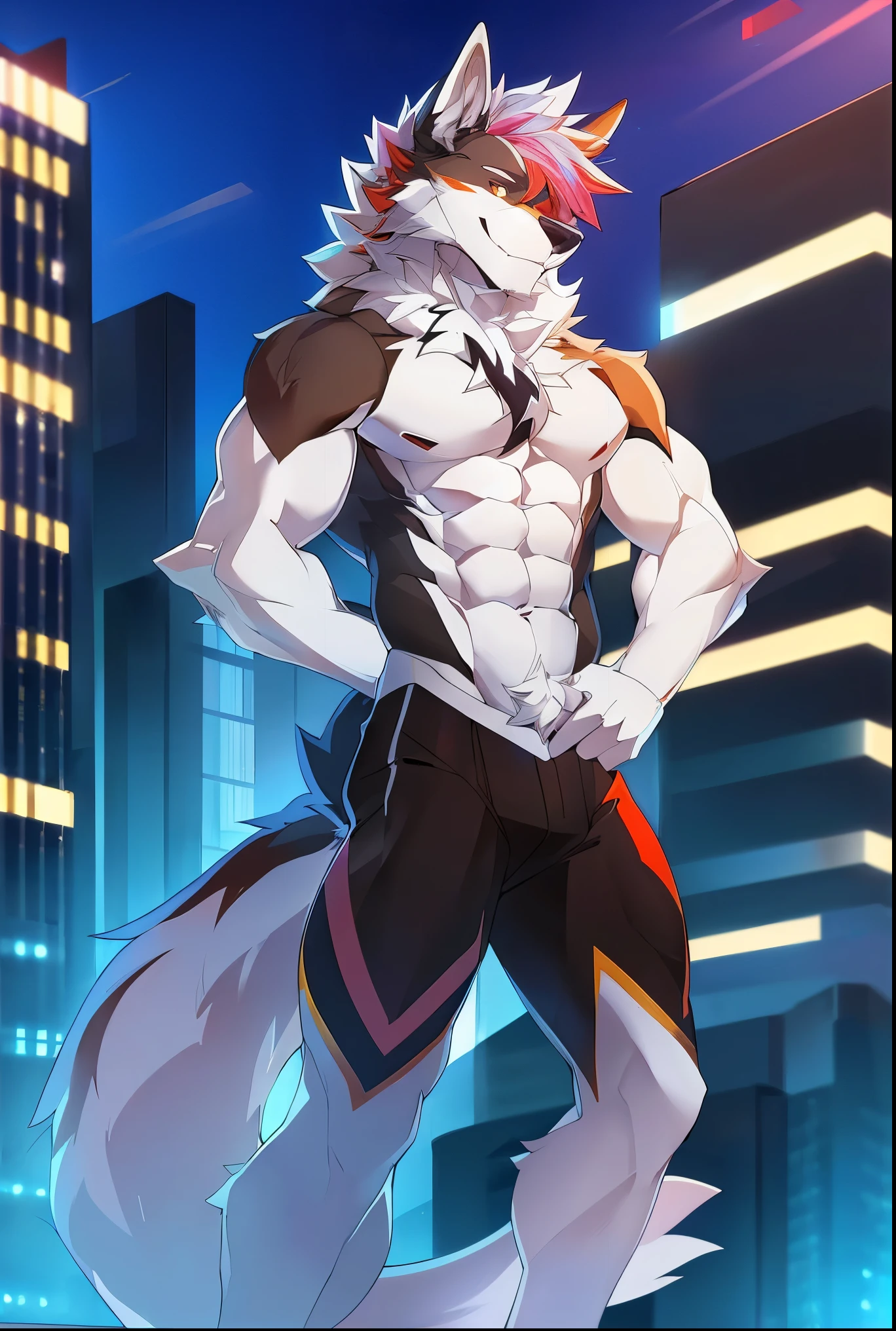 ((Solo)), male people, anthro wolf, (Multi-colored fur, White tail pointed), (Height 3meters,Tail length 2meters), Abs, pinginuscular, A long big tail, by patto, modern city