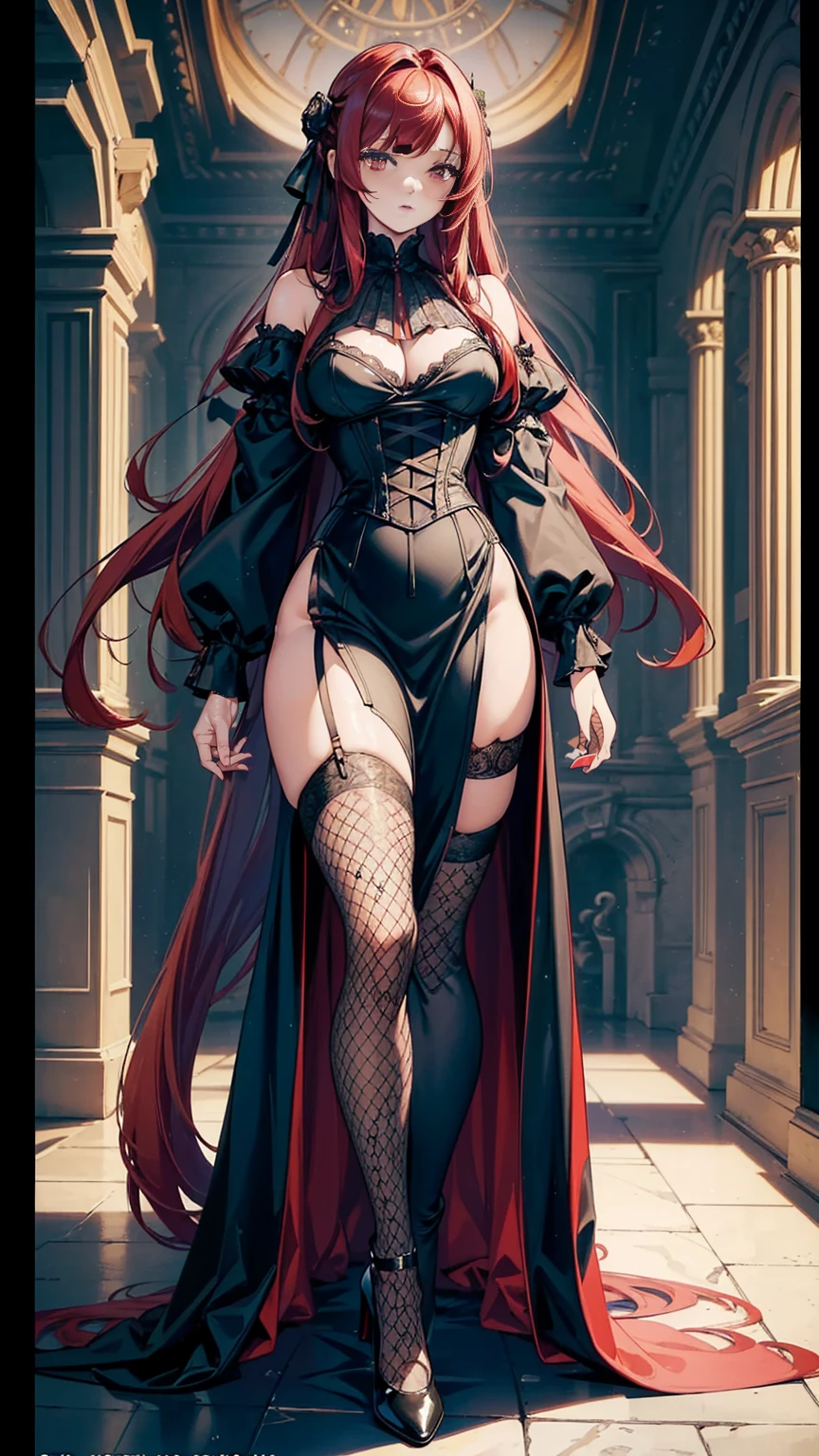 (masterpiece, top quality, best quality, official art, beautiful and aesthetic:1.2), (, best quality, masterpiece:1.2), very long hair, full body, (medium breasts:1.2), very long hair, fishnet thighhighs, high heels, (long dress:1.4), corset, garter belts, red hair, tall girl,  girl