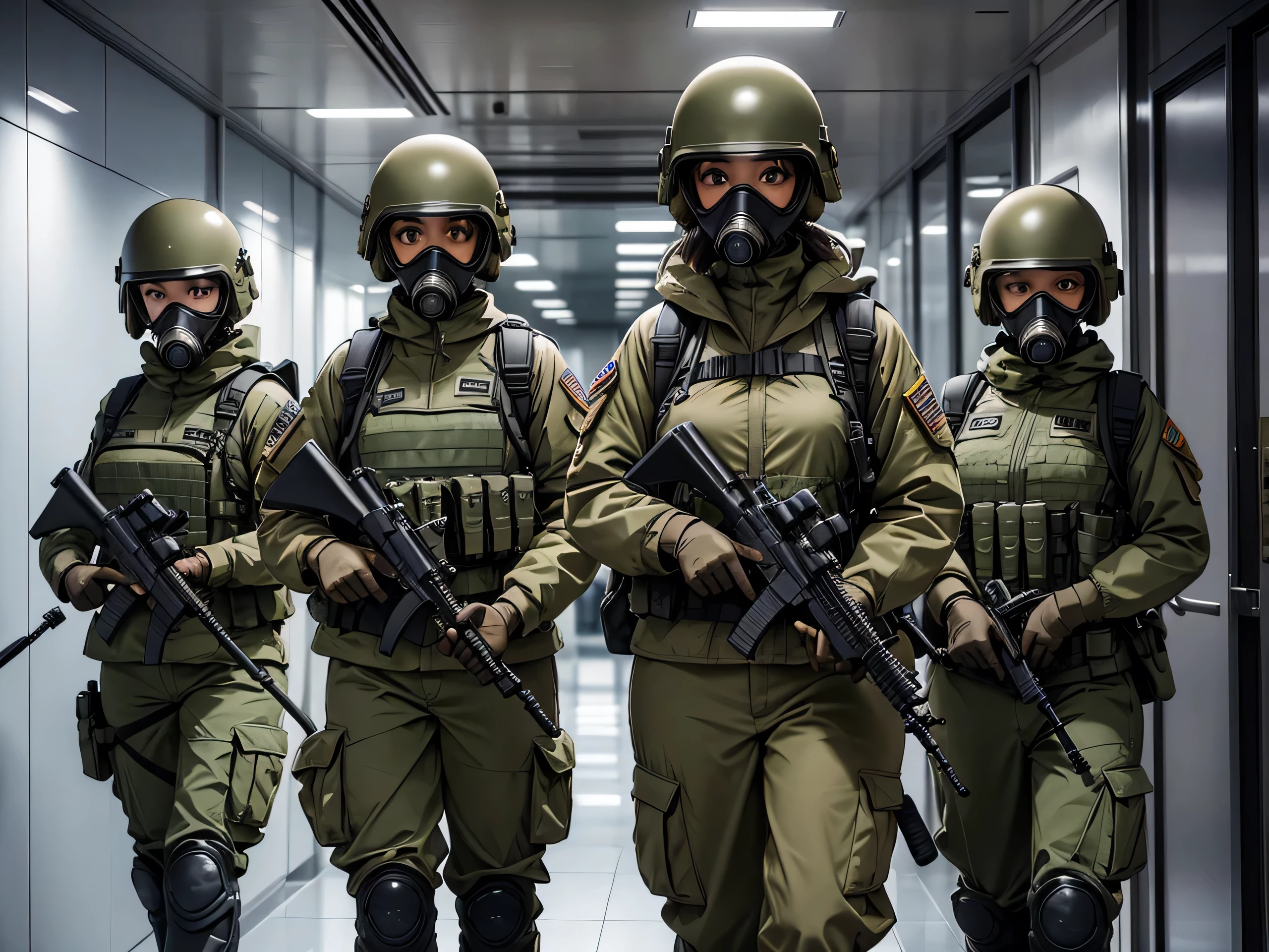 A group of female special forces soldiers wearing gas masks、Put on a helmet、Wearing beige M-51 military uniform、Take a big elevator、Write details、masterpiece、best quality、Highly detailed CG、8K picture quality