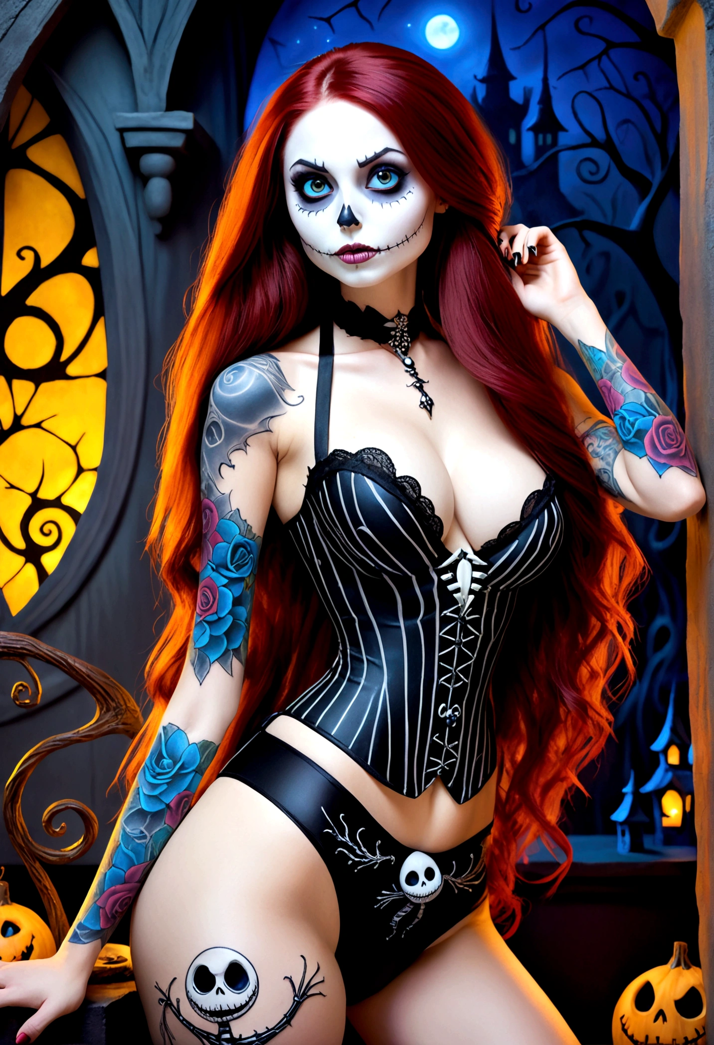Create a hyper detailed photograph of a nightmare before Christmas tattooed young sexy sally Skellington, Stunningly perfect gorgeous face, perfect makeup, detailed vibrant eyes, long hair, beautiful perfect, big beautiful perfect arms, realistic torso, detailed silky smooth skin, big breast, perfect round ass, jack Skellington sexy corset, nightmare before Christmas sexy seductive lace thong, back to viewer looking forward,