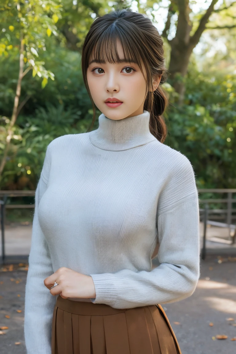 One Girl, (beautiful girl, Delicate girl:1.3), (18-year-old:1.3),cowboy shot,
break, (Turtleneck sweater,Long skirt,clothed),
break, (park),
break, Very beautiful eyes, (Symmetrical eyes:1.3),
break, (Big Breasts:1.5), Brown eyes, Parted bangs, Brown Hair, (Upper teeth, The best smile:0.2),Lower Ponytail,
break, (Eye and facial details:1.0),
break, (masterpiece, Highest quality, Very detailed, Detailed face, 8K), (The body is slim:1.5),