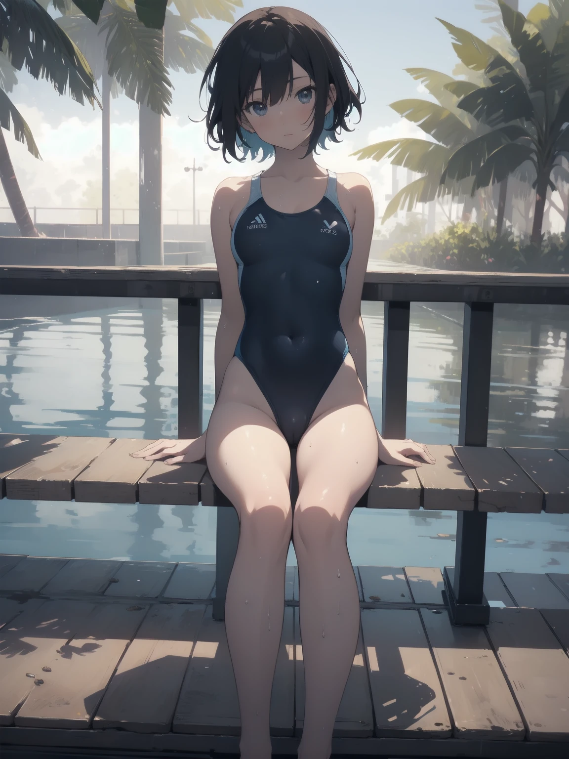 ultra-Top-quality by art God, ultra-detailed, high resolution, shinkai makoto style, anime moe artstyle, best anime 8k konachan wallpaper, pixiv contest winner, perfect anatomy, break,(Please draw a picture of a girl in a swimsuit sitting masturbation on a bench by the poolside alone.),break, a hyperrealistic school girl, parted lips, (Solo,lolita, , 13-ar-1.3),l limbs, complete fingers, androgynous charm, (very short hair), wet hair, small breasts,slender body, Small butt, groin, Small black eyes,hanme,beautiful detailed eyes, well-proportioned iris and pupils, sleepy eyes, highres detailed hair, swimsuit, wet swimsuit, bare shoulders, thighs, pussy juice, masturbation, in the school pool. break,super detailed skin, shiny skin, Best lighting powered by famous artist, 8k, illustration,UHD, textured skin,break,((artist:toosaka_asagi )), artist:clamp ,artist:carnelian ,artist:kantoku ,