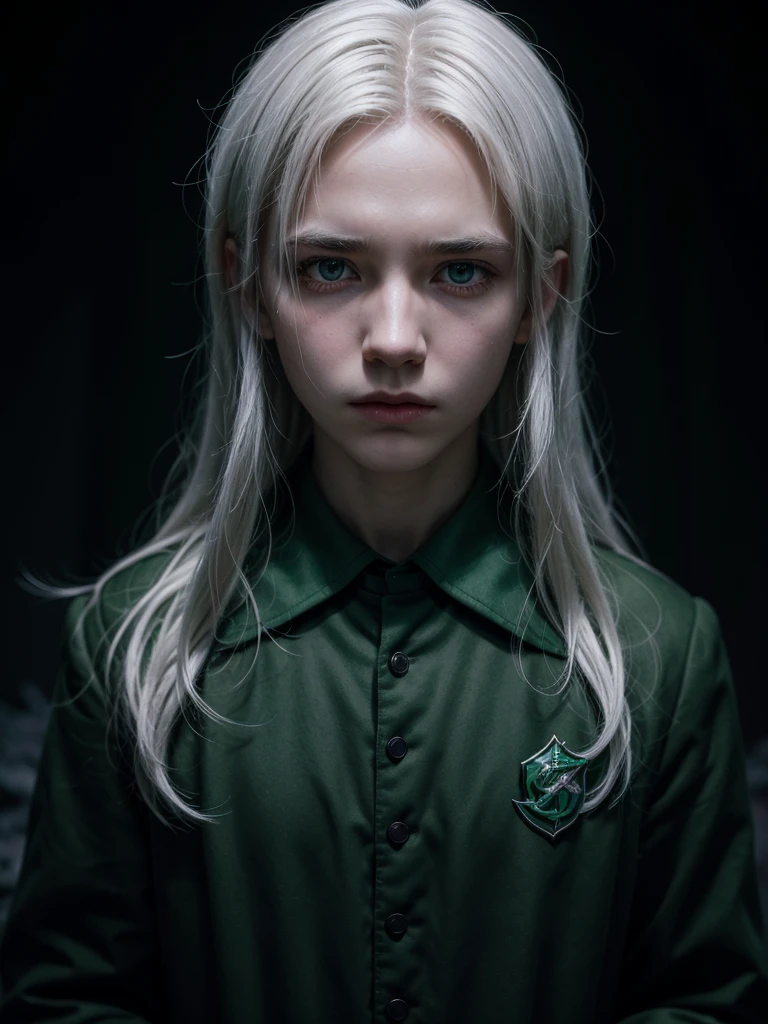 boy, Slytherin uniform, Small magic wand, White hair, determinate expression, Forbidden Forest, somber atmosphere, 4K, conceptual artwork, sharp focus, dramatic lighting, Studio quality.