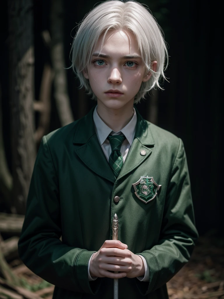 boy, Slytherin uniform, Small magic wand, White hair, determinate expression, Forbidden Forest, somber atmosphere, 4K, conceptual artwork, sharp focus, dramatic lighting, Studio quality.