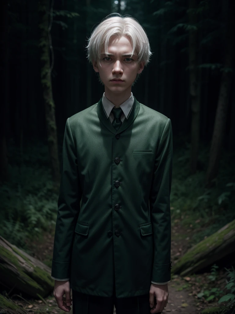 boy, Slytherin uniform, Small magic wand, White hair, determinate expression, Forbidden Forest, somber atmosphere, 4K, conceptual artwork, sharp focus, dramatic lighting, Studio quality.