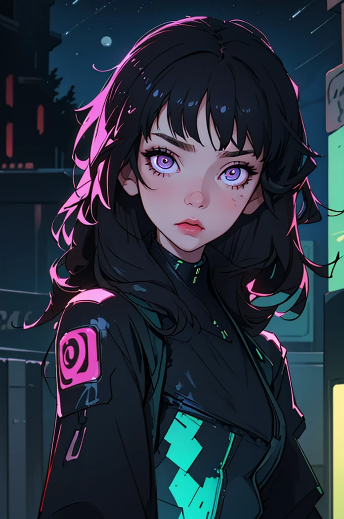 (Best quality, masterpiece1.2), (detailed eye:1.2), complex part, depth of field, 1 girl, city, Cyberpunk, neon, neon lights, night, moon,