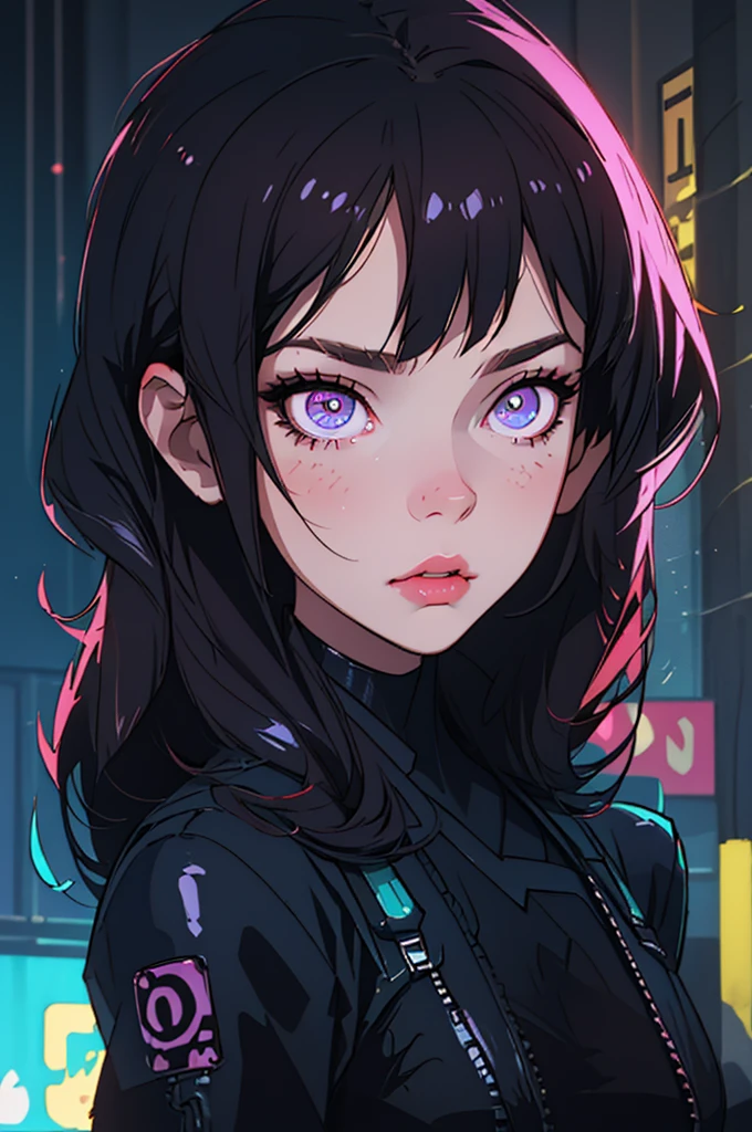 (Best quality, masterpiece1.2), (detailed eye:1.2), complex part, depth of field, 1 girl, city, Cyberpunk, neon, neon lights, night, moon,