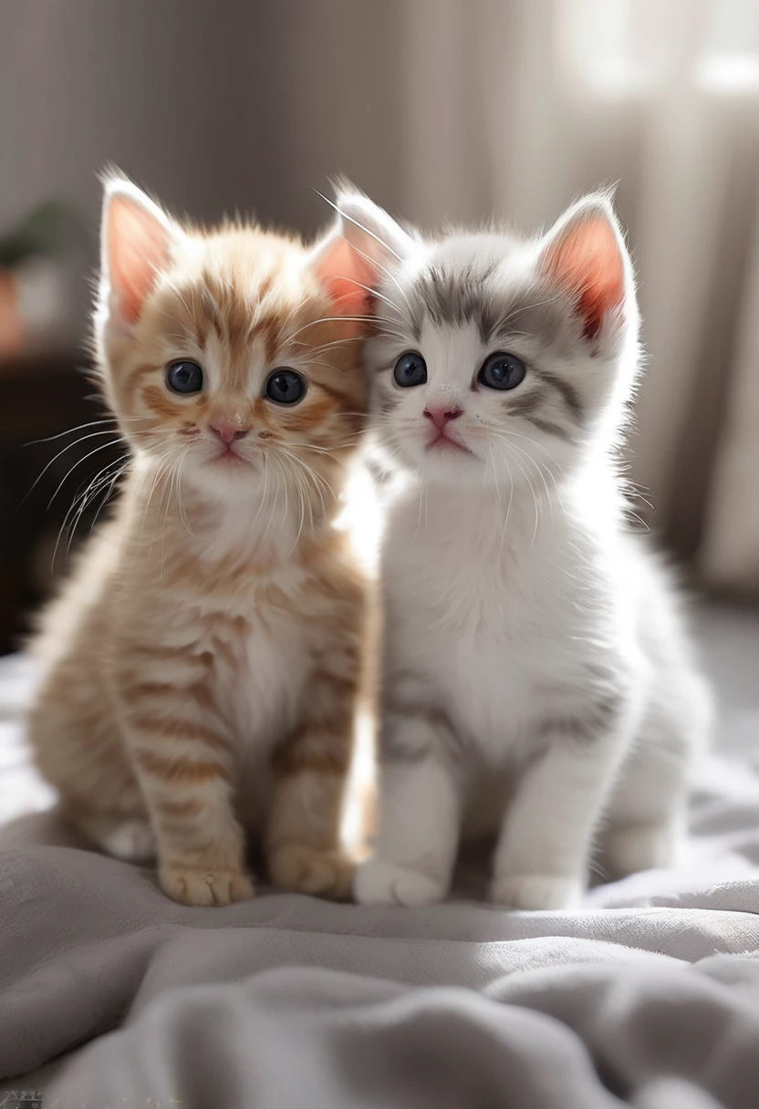 Please see the explanation below.、Please draw realistically。
In this photo、Two adorable kittens are pictured。The features are explained below:。
1. **Kitten appearance**:
- The kitten on the left has brown and white fur.。The face is round、It has distinctive large black eyes。
- The kitten on the right has pure white fur.、It also has big black eyes.。The ears are a little pink、Overall it's very fluffy。
2. **Background and environment**:
- The kittens seem to be on the bed.、Wrapped in striped sheets。The sheets are white and grey striped.。
- The kittens are peeking out from between the sheets、Only a little bit of it is showing up。
3. **Overall atmosphere**:
- The whole photo is warm.、There is a homely and relaxed atmosphere。
- The innocent expressions of the kittens are so adorable、It's a photo that gives a sense of healing to the viewer.。
This photo shows、Emphasizing the cuteness of pets、It's a heartwarming piece.。