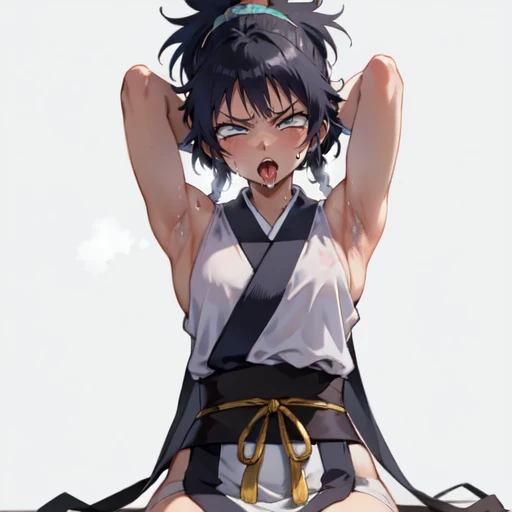 1girl, (masterpiece:1.3), (high resolution), (8K), (extremely detailed), (4k), (pixiv), perfect face, nice eyes and face, (best quality), (super detailed), detailed face and eyes, (solo), textured skin, absurdres, highres, wzkomachine, white eyes, large breasts, sash, bike shorts, short sleeves, bangs, black gloves, fingerless gloves, long hair, black hair,ponytail, japanese clothes, kimono, sitting on floor, looking at viewer,Nipple exposure,Sexy, flirtatious, Solitary, Side breast,eternity, - Hip vents, No underwear,Small Breasts, No eyeballs, Also available in black, low twin braids,Facing the audience, looking at the audience, tired, from below, (Exposed armpit:1.1), ((armpit:1.2)), sexy, Sweating, More and more sweat,(ahegao), (Roll your eyes), Naughty face, blush, open mouth, Sticking out tongue, saliva, Slobber,Skinny, raise arms, (arms above head:1.5)
