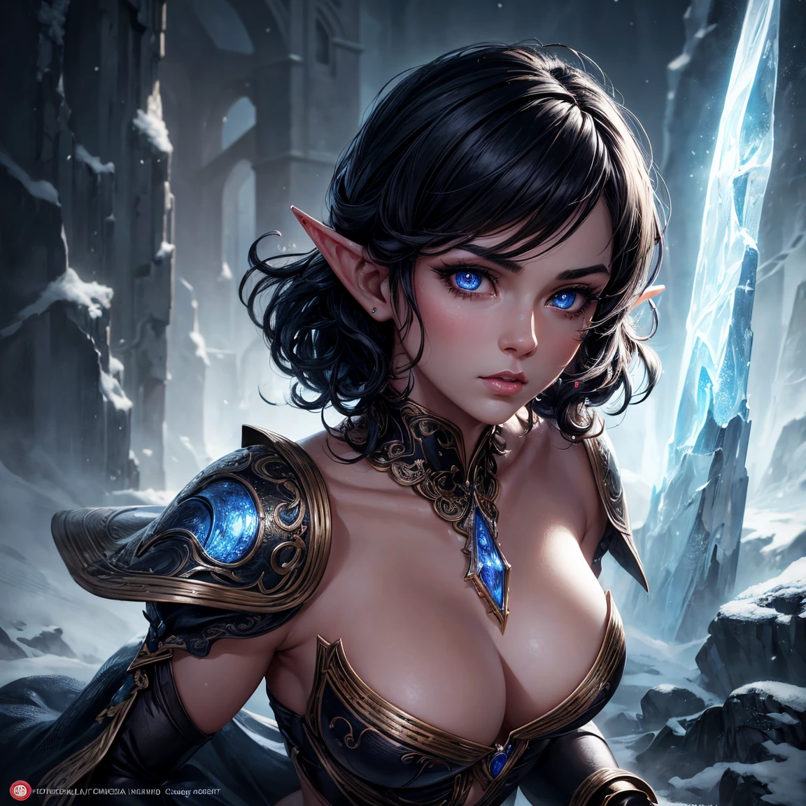 a woman, 1girl, elf, black short retro curl cut hair, small breasts, long pointed ears, bright blue eyes!!!, serious face, she nude, penis instead of a pussy, ice magic, full body, full body!!, snow montagne, very sexy body, detailed face, beautiful detailed eyes, beautiful detailed lips, extremely detailed eyes and face, long eyelashes, intricate details, highly detailed, photo realistic, 8k, best quality, masterpiece, cinematic lighting, dramatic lighting, vibrant colors, fantasy, digital art, concept art