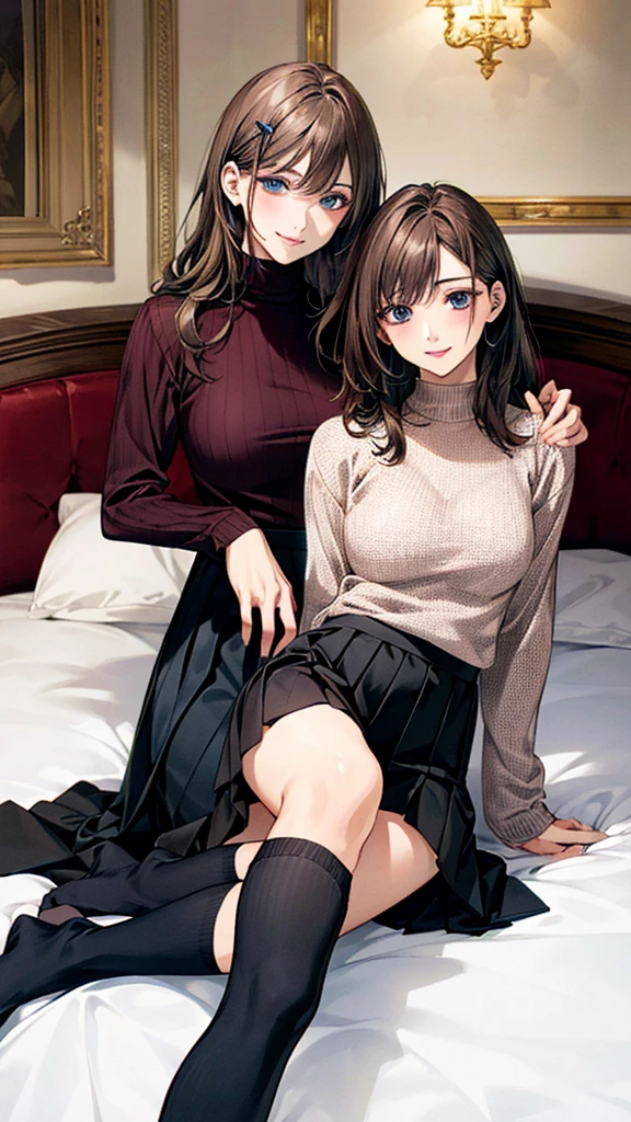(masterpiece:1.3, Highest quality), (Realistic, photoRealistic:1.4), Beautiful illustrations, (Natural Side Lighting, Cinema Lighting),
Look down, whole body, From below, One Girl, Japanese, 30 years old, Perfect Face, (Perfect Anatomy), Cute and symmetrical face, Shiny skin,
(Long Hair, Half Up, Light brown hair), Hair between the eyes, Dark blue eyes, Hair Clip, Long eyelashes, (Captivating thighs, Big Ass),
Beautiful Hair, Beautiful Face, Beautiful attention to detail, Beautiful clavicle, Beautiful body, Beautiful breasts, Beautiful thighs, Beautiful feet, Beautiful fingers,
((Very detailed costume, Long sleeve burgundy high neck sweater, Black pleated skirt)), Black knee-high socks、
(Beautiful views), Depth of written boundary, night, (room, On the bed), Are sleeping, (Smile),