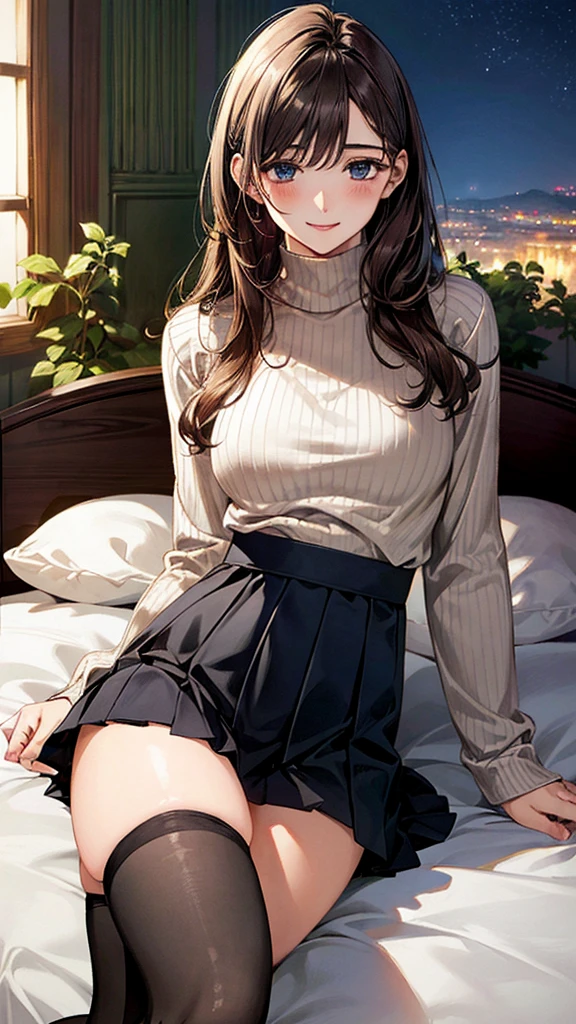 (masterpiece:1.3, Highest quality), (Realistic, photoRealistic:1.4), Beautiful illustrations, (Natural Side Lighting, Cinema Lighting),
Look down, whole body, From below, One Girl, Japanese, 30 years old, Perfect Face, (Perfect Anatomy), Cute and symmetrical face, Shiny skin,
(Long Hair, Half Up, Light brown hair), Hair between the eyes, Dark blue eyes, Hair Clip, Long eyelashes, (Captivating thighs, Big Ass),
Beautiful Hair, Beautiful Face, Beautiful attention to detail, Beautiful clavicle, Beautiful body, Beautiful breasts, Beautiful thighs, Beautiful feet, Beautiful fingers,
((Very detailed costume, Long sleeve burgundy high neck sweater, Black pleated skirt)), Black knee-high socks、
(Beautiful views), Depth of written boundary, night, (room, On the bed), Are sleeping, (Smile),