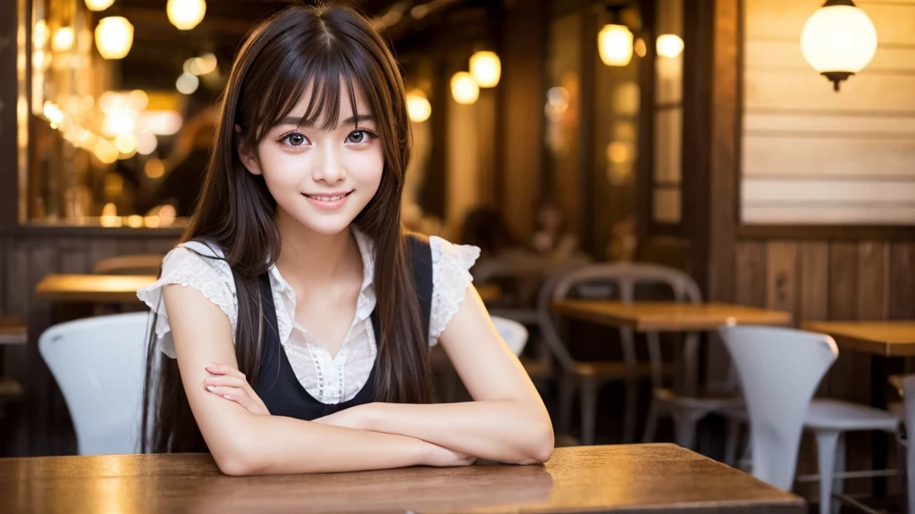 Cute girl working at a cafe terrace　Japanese　１９age　
Professional Lighting　Digital SLR　Beautiful and elaborate face　Perfect and beautiful face　Big eyes Smile  ショートカット