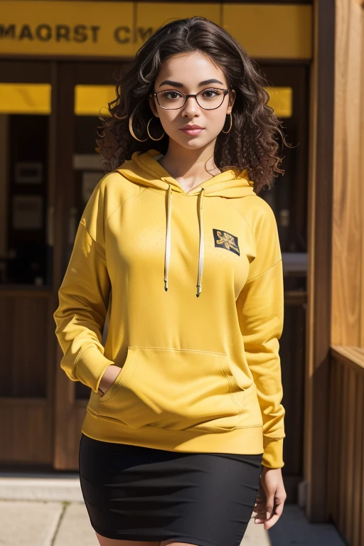 (best quality,4k,8k,highres,masterpiece:1.2),ultra-detailed,(realistic,photorealistic,photo-realistic:1.37), female 20 year old college student, tan-bronze skin with thin layer of freckles, long black hair with orange highlights, curly hair, amber colored eyes, (Wearing a yellow hoodie, black pencil skirt, glasses)