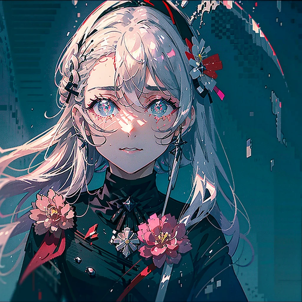 (masterpiece, anime, best quality:1.2), 1 girl,pink glowing star pupils,silver long hair,White,sit in throne,Look at the audience,(((rain)))(((soaking wet)))(((bunch of red flowers)))shed tears,tears, covered left eye, a black chocker, bitter swallow smile, black futuristic coat, white suit that is tattered
