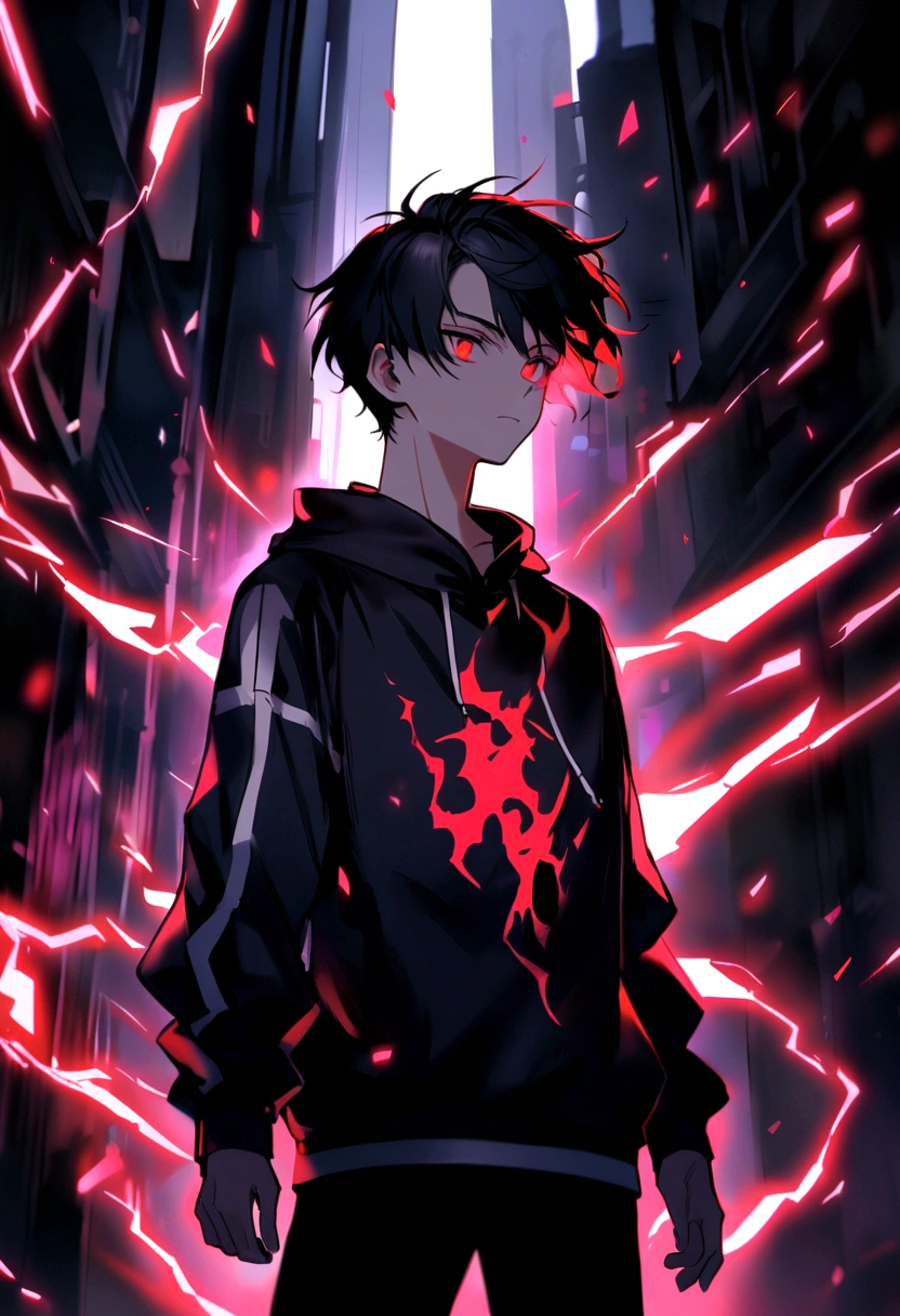 Man Long black hair black and white sweatshirt with red electricity on the body