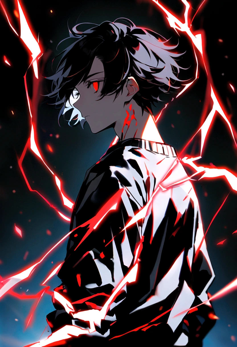 Man 17 years old Long black hair black and white sweatshirt with red electricity on the body