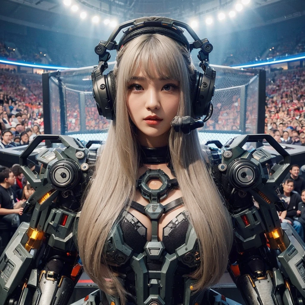 (POV). The beautiful (nations) mecha mma-fighter lady with (hairstyle), (head ornament), big-headphone. She is wearing (colouring) mecha (dress type) heavy mma-combat armor. Standing in the octagon ring with surrounded by spectators