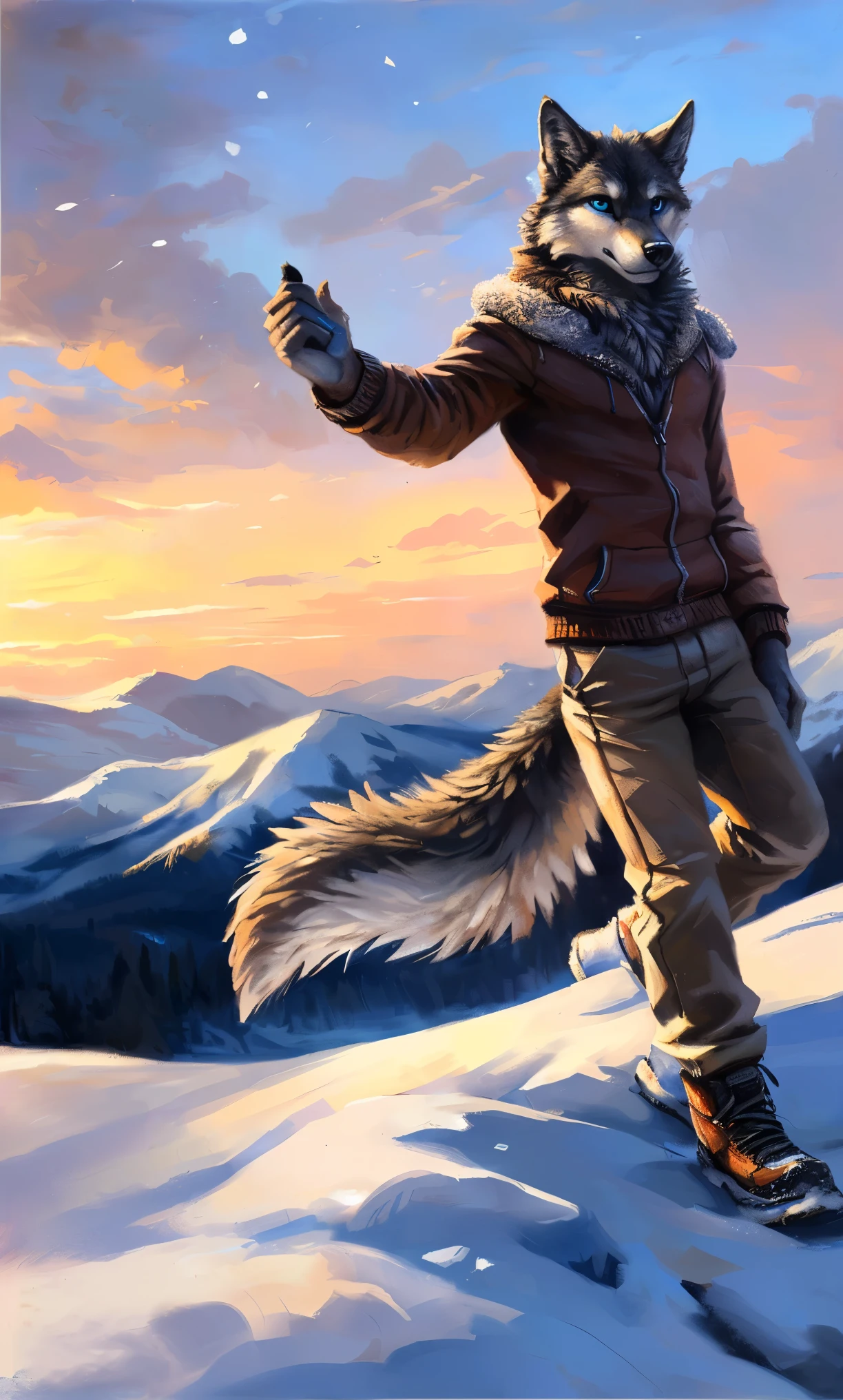 ((Solo)), male people, anthro wolf, (Multi-colored fur, White-brown:1.3，White tail pointed), (Height 2.1m,Tail length 1.2m), ((Wolf face, Big eyes, White eyelids, Blue pupil, Slim:1.2) (Tough, Calm expression:1.2)), Slim, pinging)), (Correct anatomy), (Winter clothing:1.1), The upper body  naked, (detailed outfits),A long big tail，Feet，(Realistic fur, Detailed fur texture, labeled:1.3)), (Natural lighting), Photorealistic, Hyperrealistic, ultradetailed, by Kenket，Snowfield，erect through，Running on
