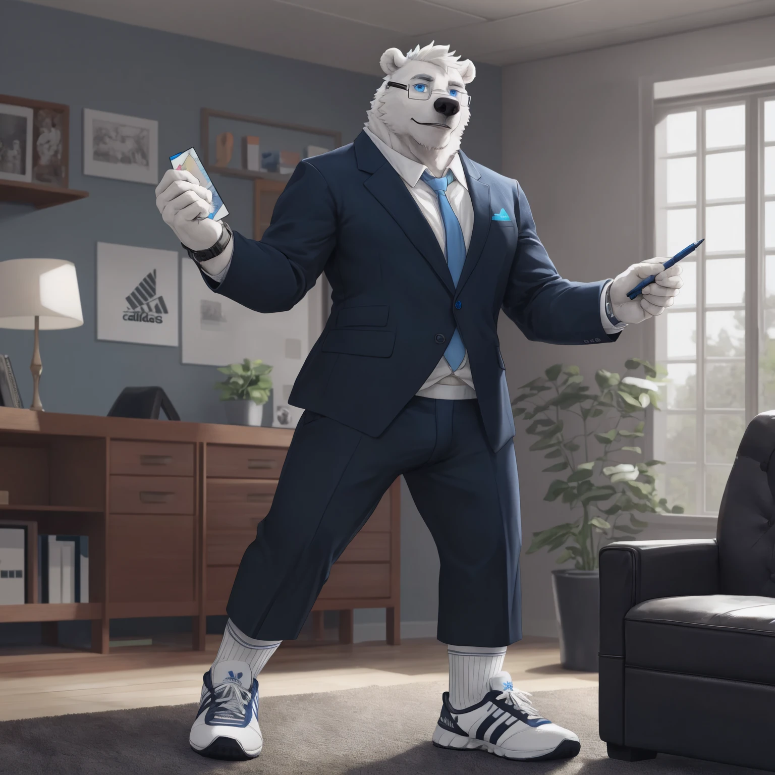 dad male polar bear blue eyes, standing pose, white briefs , steel watch , spread legs ,living room, sunlight, adidas shoes , all white socks , high quality, kemono , detailed eyes polar bear dad male office suit slighly well built glasses, blue eyes head crest hair, opening chest , wearing white sock, disney profile, drawing lineart