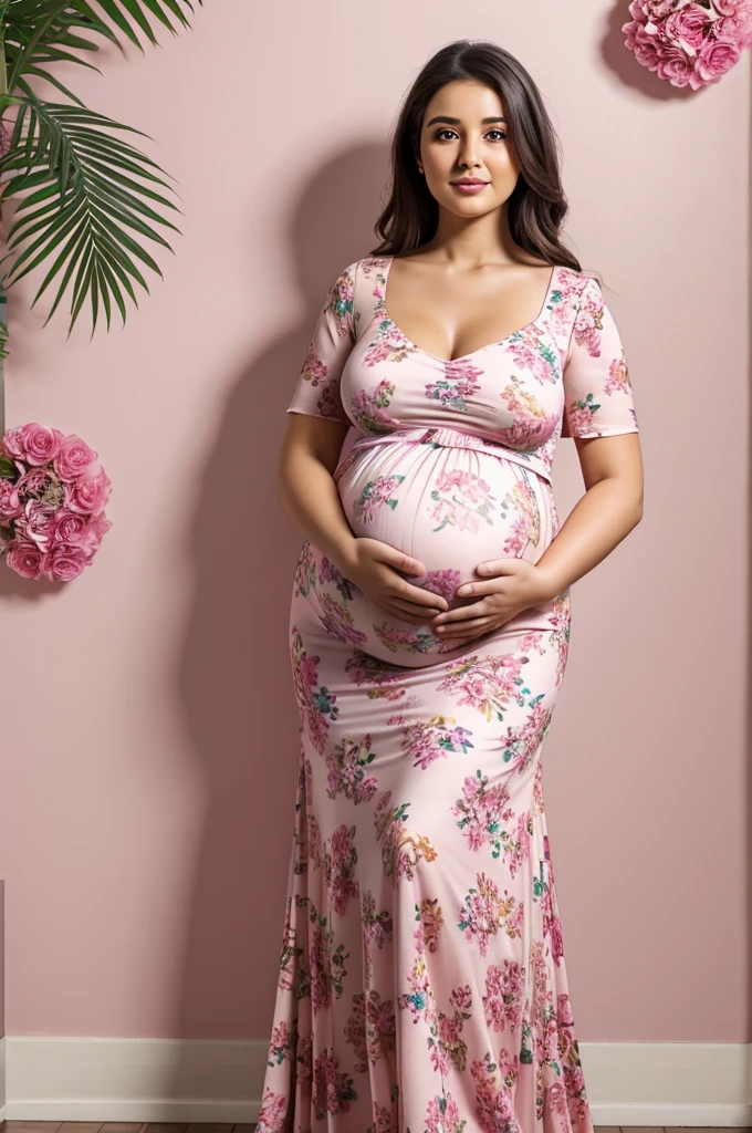 pregnant woman in a floral dress standing in front of a plant, a photorealistic painting inspired by Nazmi Ziya Güran, shutterstock, hyperrealism, pregnant belly, pregnant, pregnancy, maternity feeling, maternal photography 4 k, wearing pink floral gown, belly, her belly is fat and round, highly realistic photo, wearing pink floral chiton, traditional beauty