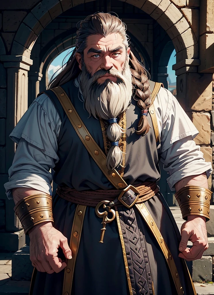 Dwarf in full grey armor, medieval fantasy dwarf, stark, plumpness, with light brown hair and a long braided beard, wearing full dwarven heavy armor, full plate armor, a mad look, fully body, standing alone, fancy, Dwarf Medieval RPG, Closeup portrait of a dwarf with a braided beard, Dwarf braided beard, 4 k image, 超A high resolution, inside royal dwarf hold, High details, best qualityer, 16K, [ultra detaild], master part, best qualityer, (extremely detaild), fully body, photorrealistic, arte de fancy, Arte de RPG, d&d art, an image of a dwarf in his hold (intense details, best qualityer), dwarf male fantasy (intense details, master part, best qualityer),(intense details, master part, best qualityer), brown hair, dynamic blue eye color, Ultra Detailed Face (intense details, master part, best qualityer), long beard, brown beard, holding a maul in his hand, maul has MGICAL runes