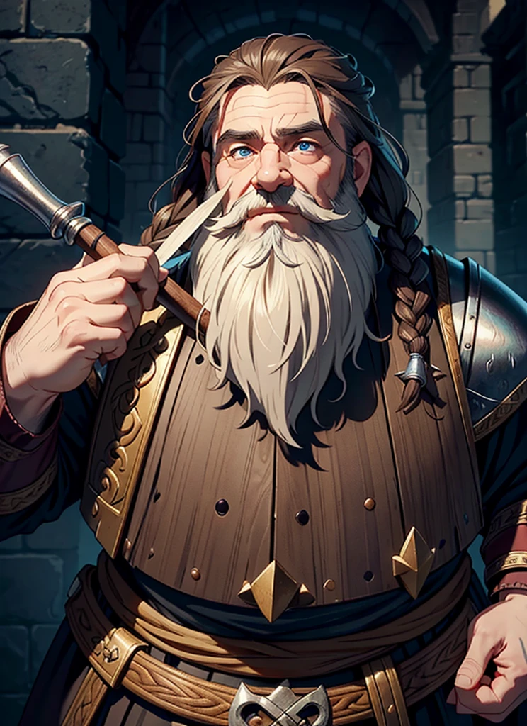 Dwarf in full grey armor, medieval fantasy dwarf, stark, plumpness, with light brown hair and a long braided beard, wearing full dwarven heavy armor, full plate armor, a mad look, fully body, standing alone, fancy, Dwarf Medieval RPG, Closeup portrait of a dwarf with a braided beard, Dwarf braided beard, 4 k image, 超A high resolution, inside royal dwarf hold, High details, best qualityer, 16K, [ultra detaild], master part, best qualityer, (extremely detaild), fully body, photorrealistic, arte de fancy, Arte de RPG, d&d art, an image of a dwarf in his hold (intense details, best qualityer), dwarf male fantasy (intense details, master part, best qualityer),(intense details, master part, best qualityer), brown hair, dynamic blue eye color, Ultra Detailed Face (intense details, master part, best qualityer), long beard, brown beard, holding a maul in his hand, maul has MGICAL runes