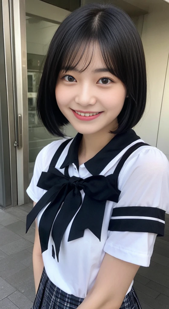 Neat and clean schoolgirl、Outside the field、(Slimed)、Photorealsitic、detaileds, Skin Texture, ultra-detailliert、Delicate and sexy collarbone、A smile、Super Detailed Face、Detailed lips、A detailed eye、large full breasts、Big breasts、large boob、Big、huge-breasted、Chest emphasis、Bright face、((is standing、Schoolgirl Uniform、White panties are visible from the skirt、Sheer white shirt、Navy blue ribbon at the collar、Dark blue pleated micro mini、slightly lift the hem of the skirt with both hands,,,,,,,)) Colossal tits:1.2