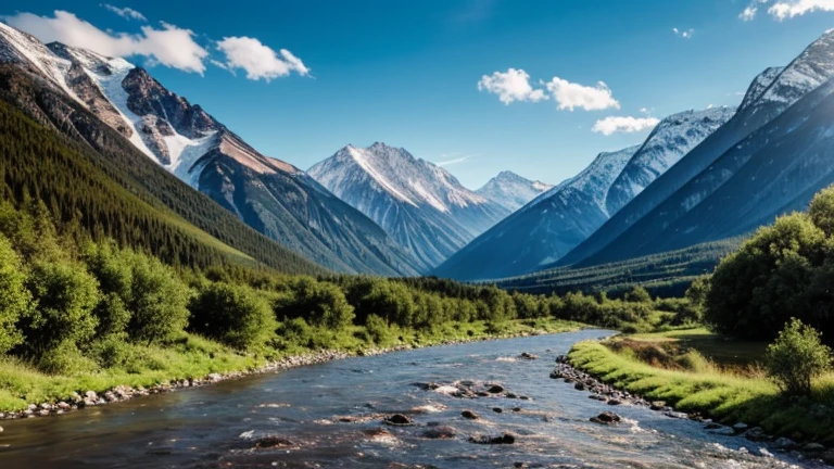 a beautiful landscape with mountains and a river with a forest in the distance, high quality, ultra realistic