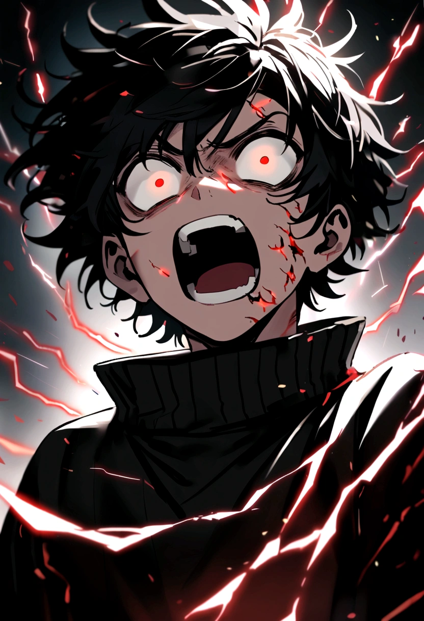Man Long black hair black and white sweatshirt with red electricity on his body with a crazy face