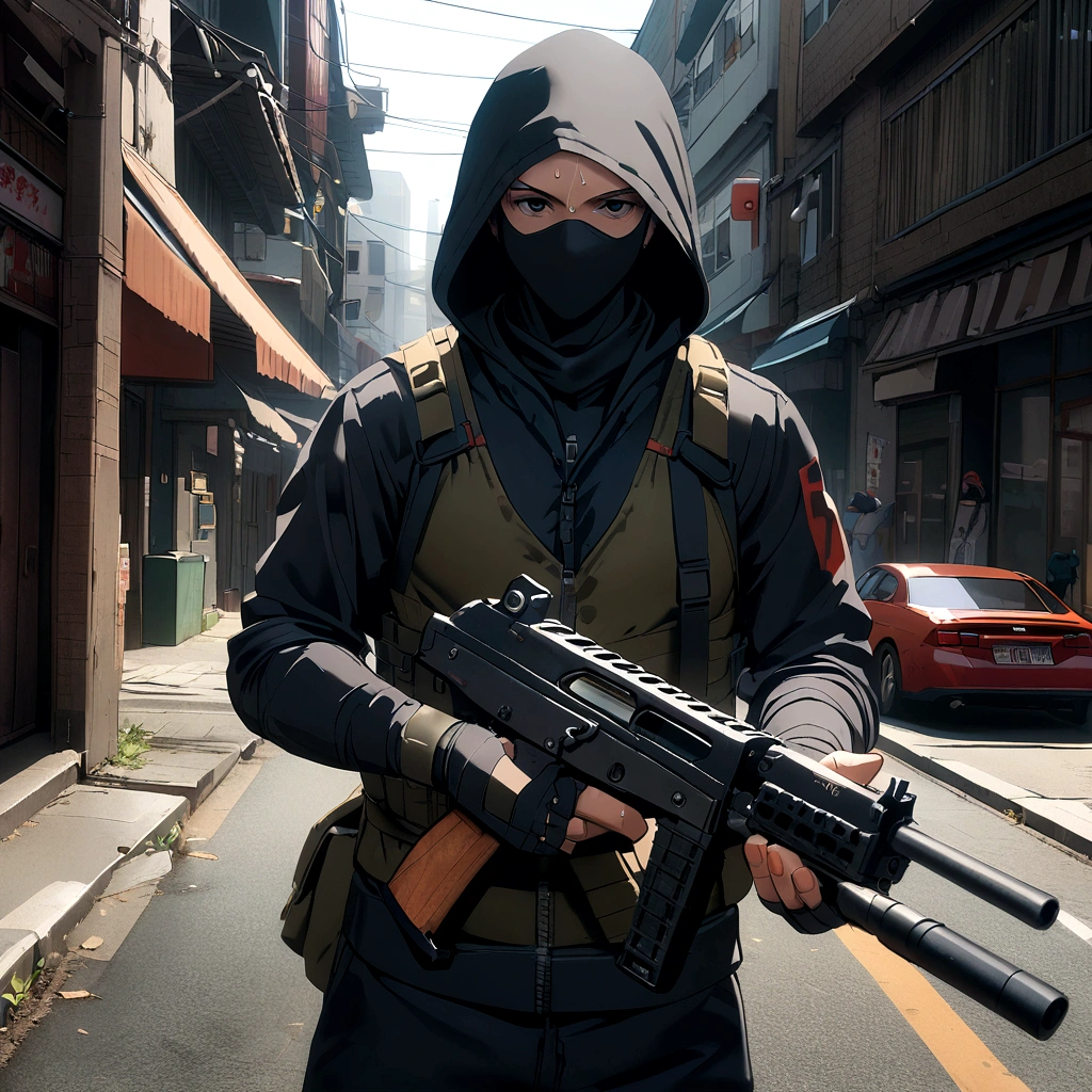 A urban ninja with a sweat hood and a uzi