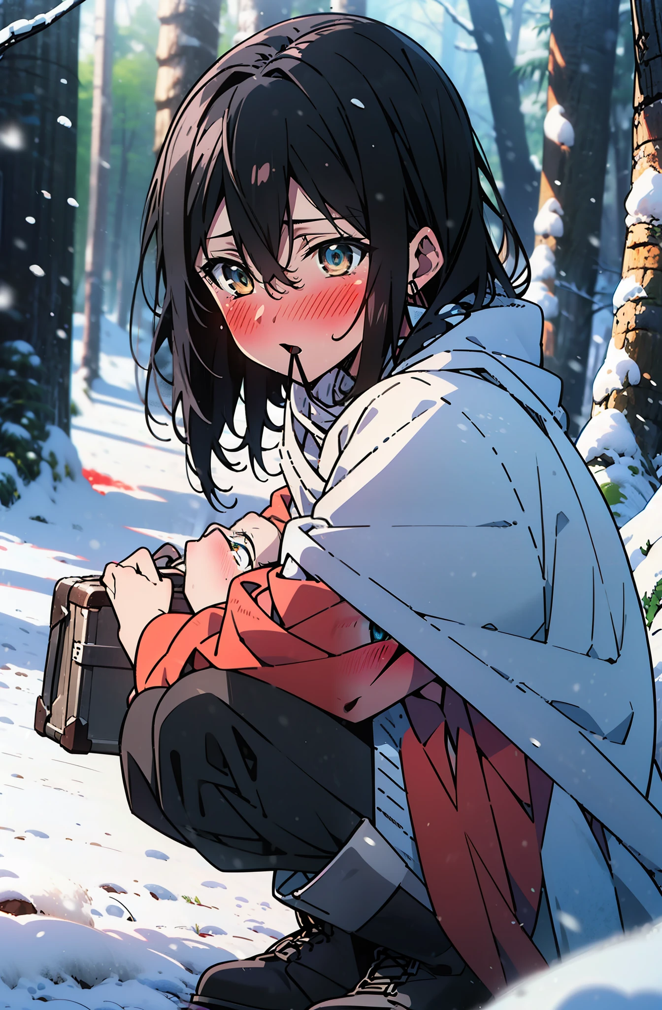 Himeragi Yukina, Brown eyes, Black Hair, Hair between the eyes, Medium Hair, Medium chest,blush,White Breath,
Open your mouth,snow,Ground bonfire, Outdoor, boots, snowing, From the side, wood, suitcase, Cape, Blurred, forest, White handbag, nature,  Squat, Mouth closed, Cape, winter, Written boundary depth, Black shoes, red Cape break looking at viewer, Upper Body, whole body, break Outdoor, forest, nature, break (masterpiece:1.2), Highest quality, High resolution, unity 8k wallpaper, (shape:0.8), (Beautiful and beautiful eyes:1.6), Highly detailed face, Perfect lighting, Extremely detailed CG, (Perfect hands, Perfect Anatomy),