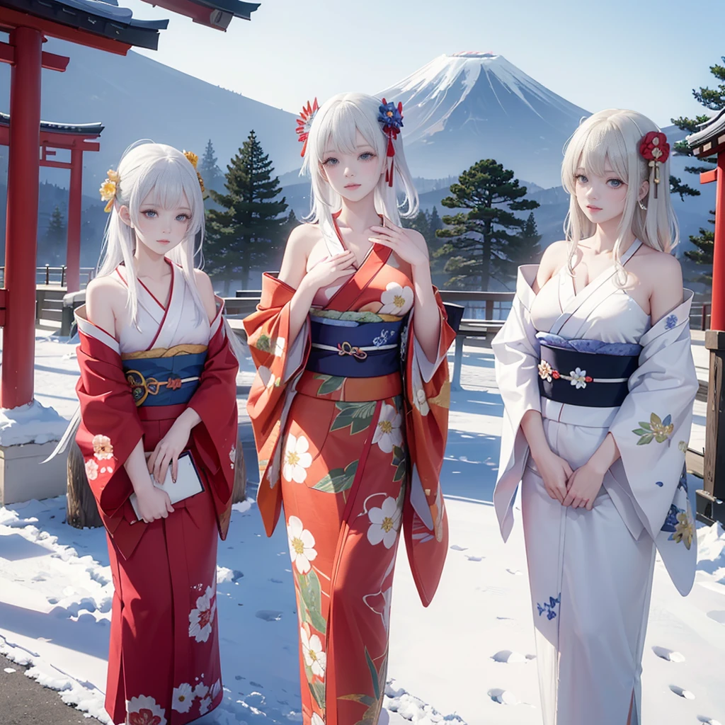 best quality, masterpiece,
Three Japanese high-school short girls with cute style,
looking straight ahead and striking a gutsy pose are standing (separately:1.4), side by side,
wearing a striking(yellow, red, blue, green) kimono with a flower motif,
(A kimono with floral patterns, particularly on the shoulders and chest:1.7)
(A kimono that completely conceals the chest and shoulders, revealing no skin at all:1.7)
(High-school-girls with a white short scarf, a white feather shawl around her neck:1.5),
(High-school-girls who are almost the same height:1.7),
(Japanese kimono:1.7),(innocent and pure high-school short girls:1.7),
((too much smile)), very cute, face, head and waist fully visible,
upper arms hidden by clothes and hair,
(only one well-shaped beautiful mount Fuji is completely covered with white snow from top to bottom:1.5),
(vermilion shrine entrance:1.2), very thick and large pine trees, winter(season),
Snow is accumulating on the roof and pine trees. ,(outdoors:1.5),